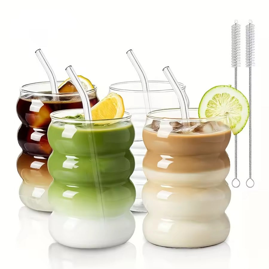 Set of 2 borosilicate glass ripple cups 350ml with glass straws and cleaning brushes – transparent aesthetic drinkware on white background