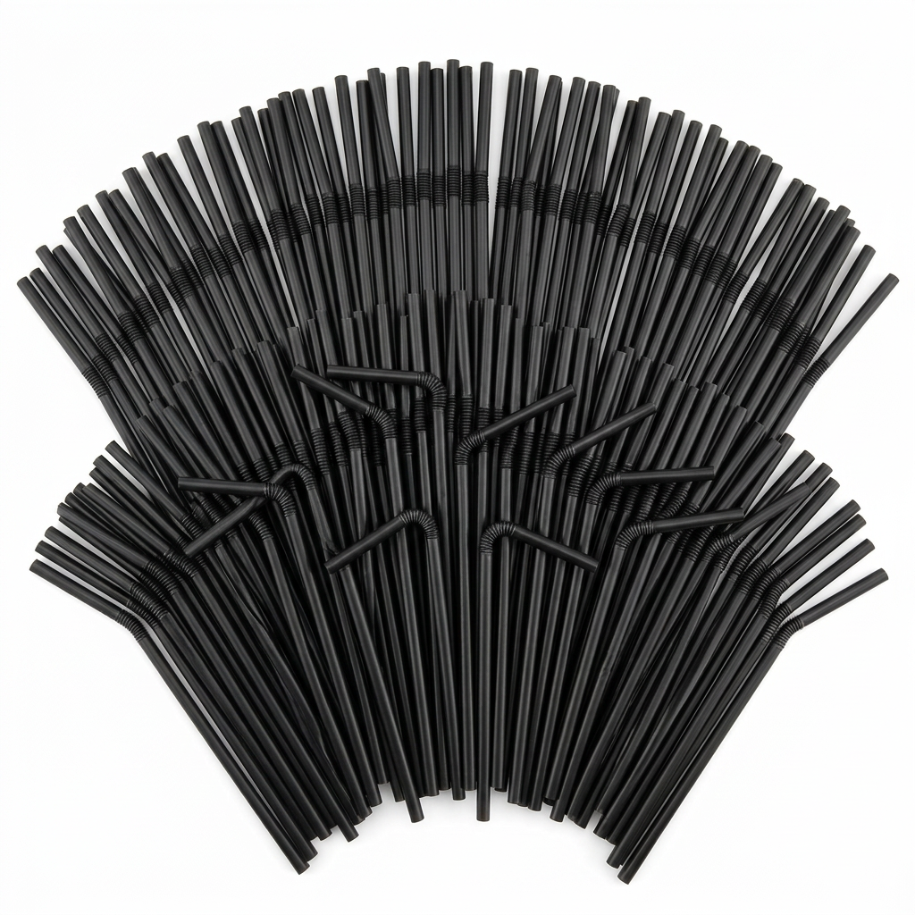 Black Flexible Straws – Bulk Quantity Fan Display White Background