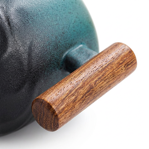 Handmade Ceramic Mug – Wood Handle Detail White Background