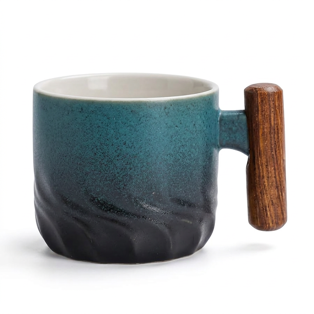 Handmade Ceramic Mug Wooden Handle – Main Front View White Background