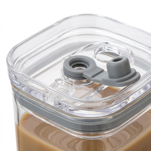 Square Glass Cup – Flip Lid Detail White Background