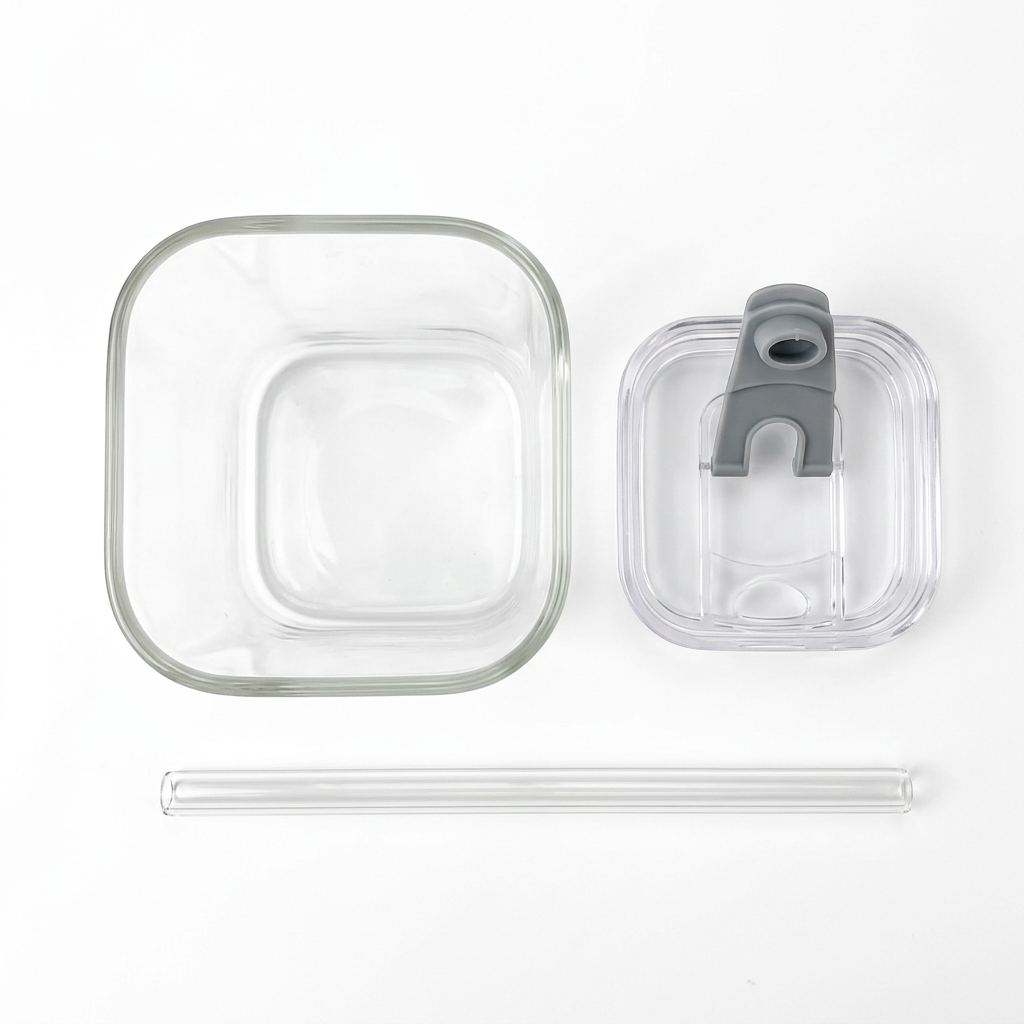 Square Glass Cup Set – Flat Lay White Background