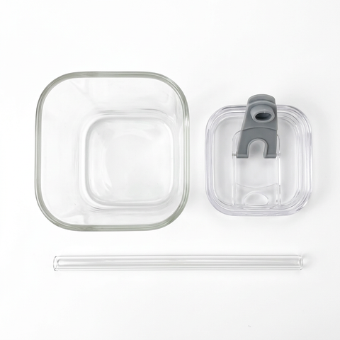 Square Glass Cup Set – Flat Lay White Background