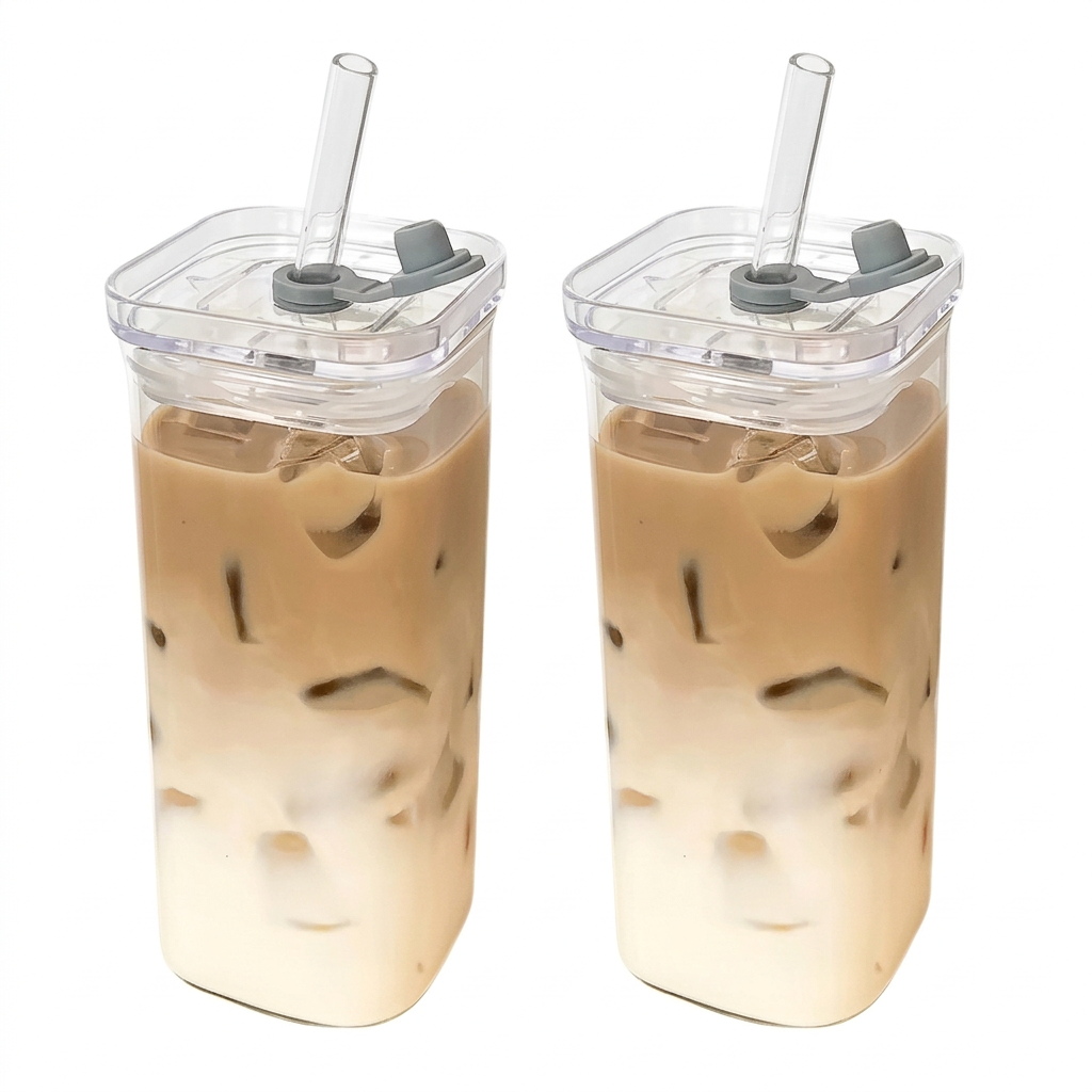 Square Glass Cups 2-Pack – Iced Coffee White Background