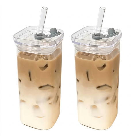 Square Glass Cups 2-Pack – Iced Coffee White Background